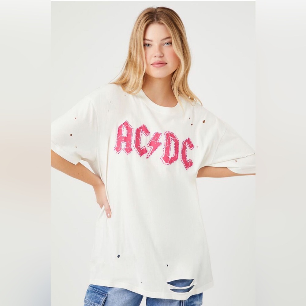 AC/DC Cream Tee with Hot Pink Logo